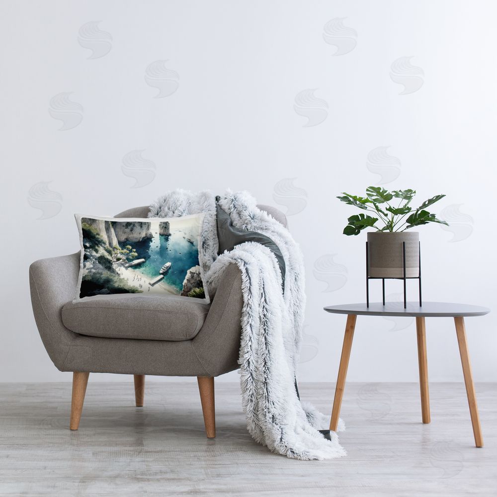 Svetlana Aleynikova Boats on Rocky Shore Printed Plush Polyester Throw Pillow On Chair