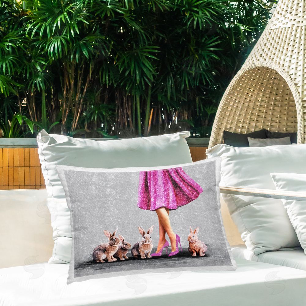 Svetlana Aleynikova Chic Woman with Rabbits Outdoor Quick-Dry Polyester Printed Throw Pillow in Back Yard