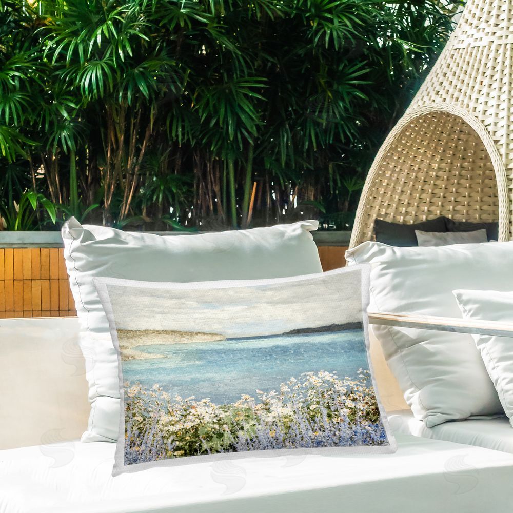 Amber Sterling Daisy Field over Sea Outdoor Quick-Dry Polyester Printed Throw Pillow in Back Yard