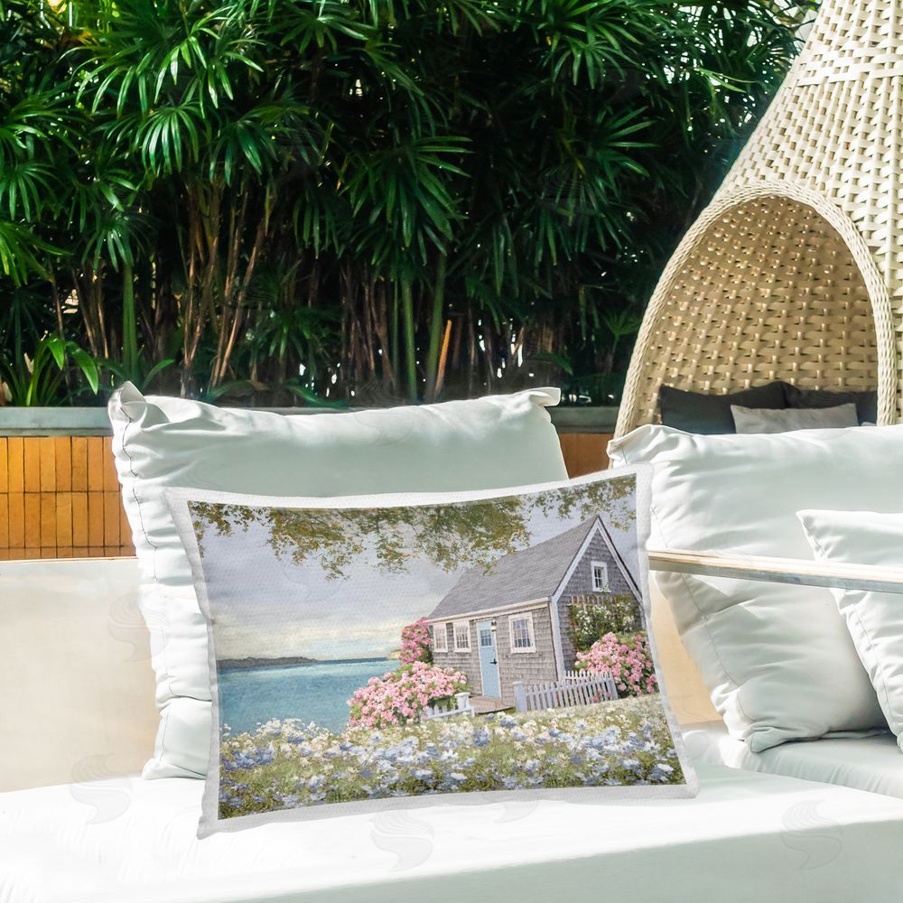 Amber Sterling Cottage with Rose Garden Outdoor Quick-Dry Polyester Printed Throw Pillow in Back Yard