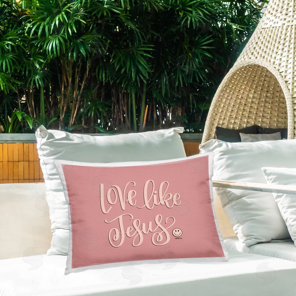 Imperfect Dust Pink Love Like Jesus Outdoor Quick-Dry Polyester Printed Throw Pillow in Back Yard