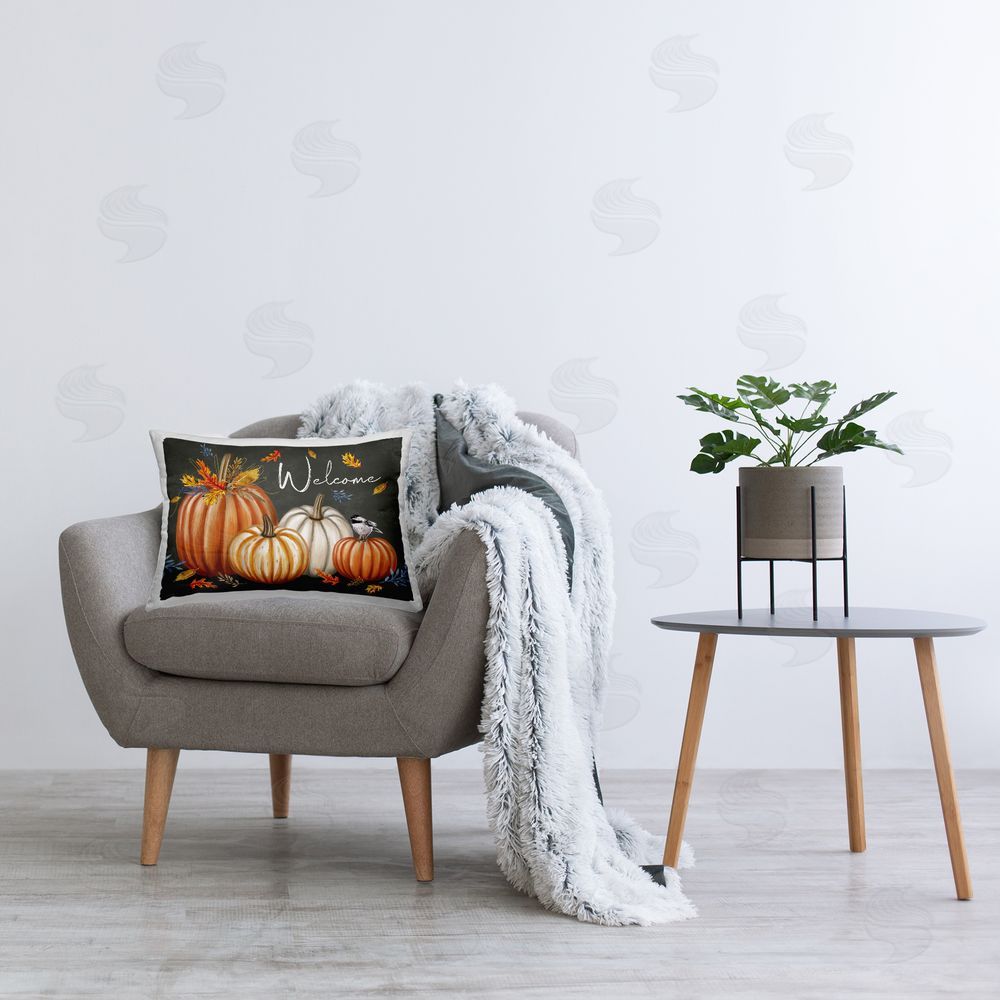 Elizabeth Tyndall Welcome with Autumnal Pumpkins Printed Plush Polyester Throw Pillow On Chair