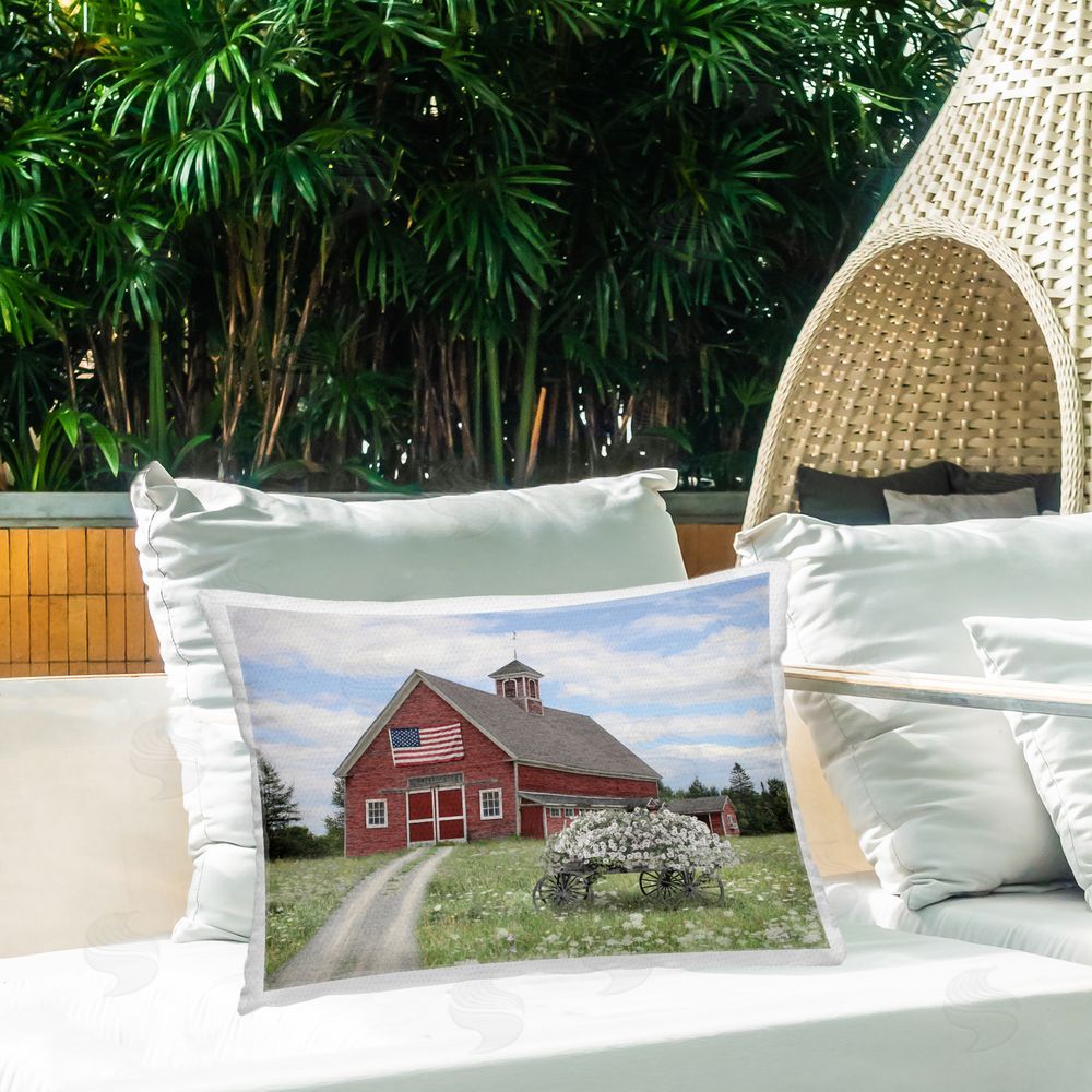 Lori Deiter Barn with Floral Wagon Outdoor Quick-Dry Polyester Printed Throw Pillow in Back Yard