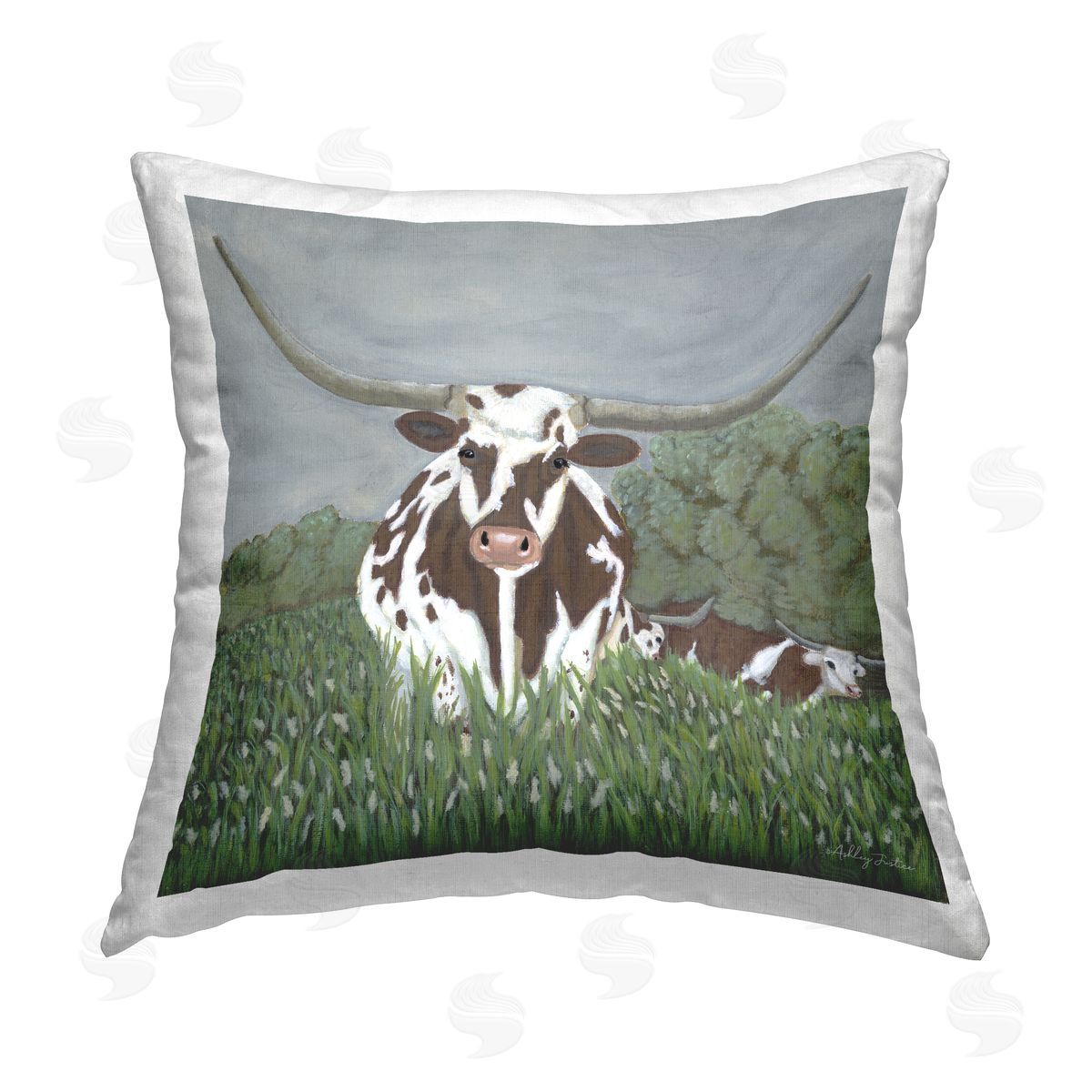 stupell industries Ashley Justice | Spotted Longhorn in Nature Printed Throw Pillow