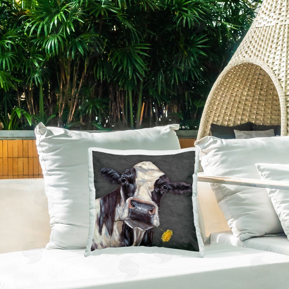 Sara G. Designs Cow with Yellow Daisy Outdoor Quick-Dry Polyester Printed Throw Pillow in Back Yard