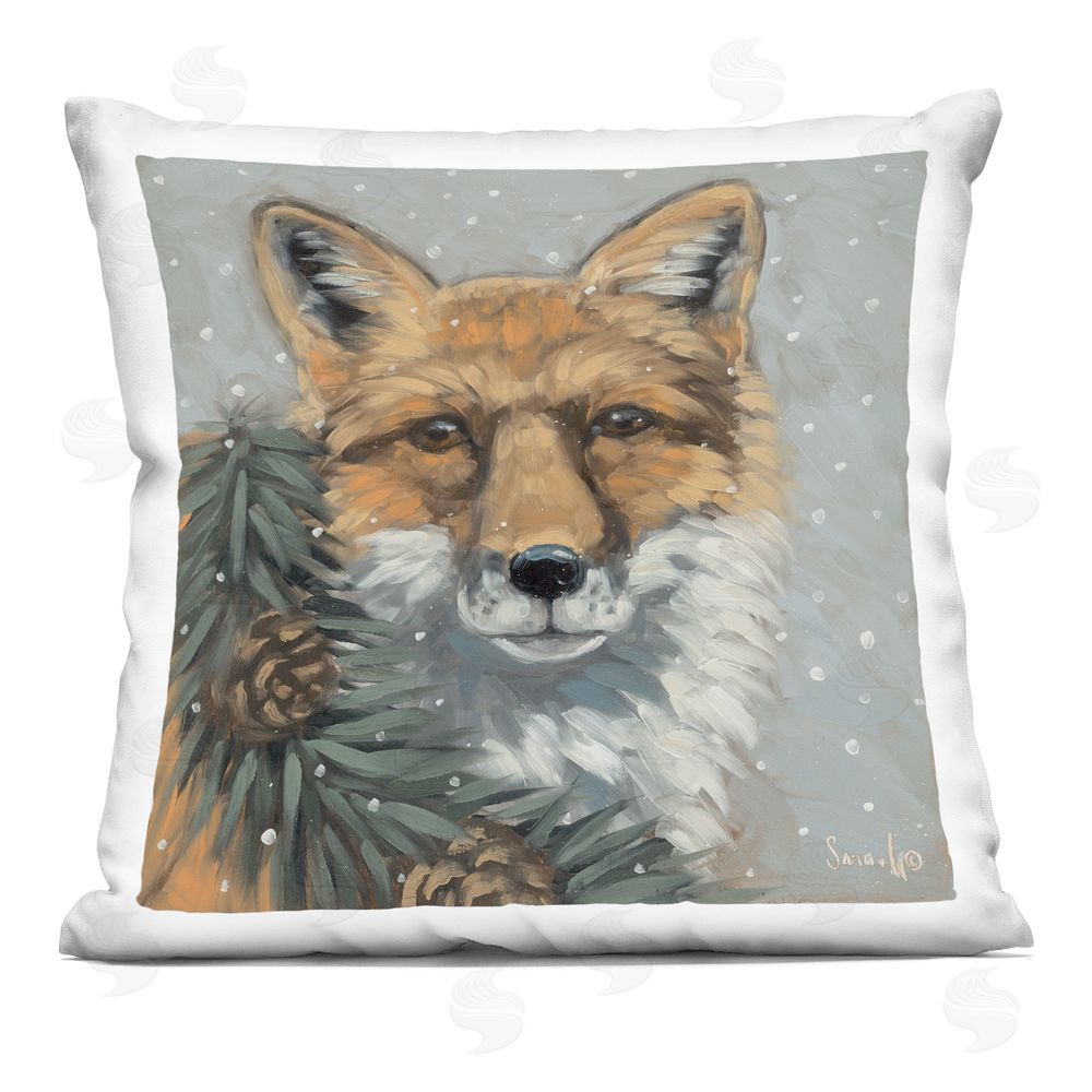 Sara G. Designs Fox with Snowy Pinecones Printed Plush Polyester Throw Pillow