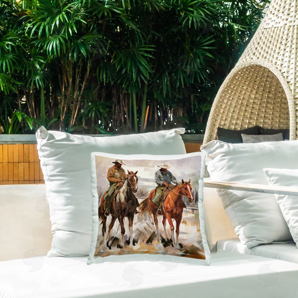 White Ladder Brush Stroke Cowboys Outdoor Quick-Dry Polyester Printed Throw Pillow in Back Yard