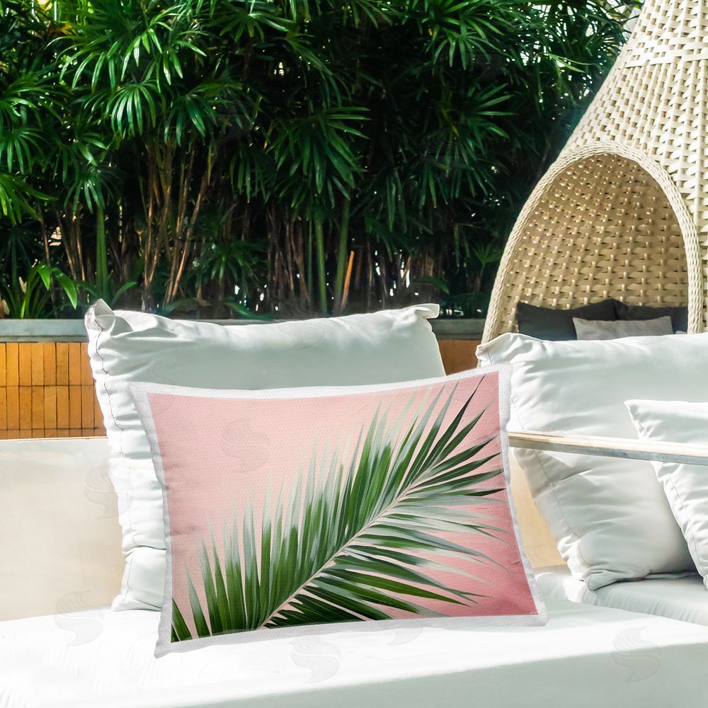 Arlington Prints Whispy Palm Leaf on Pink Outdoor Quick-Dry Polyester Printed Throw Pillow in Back Yard