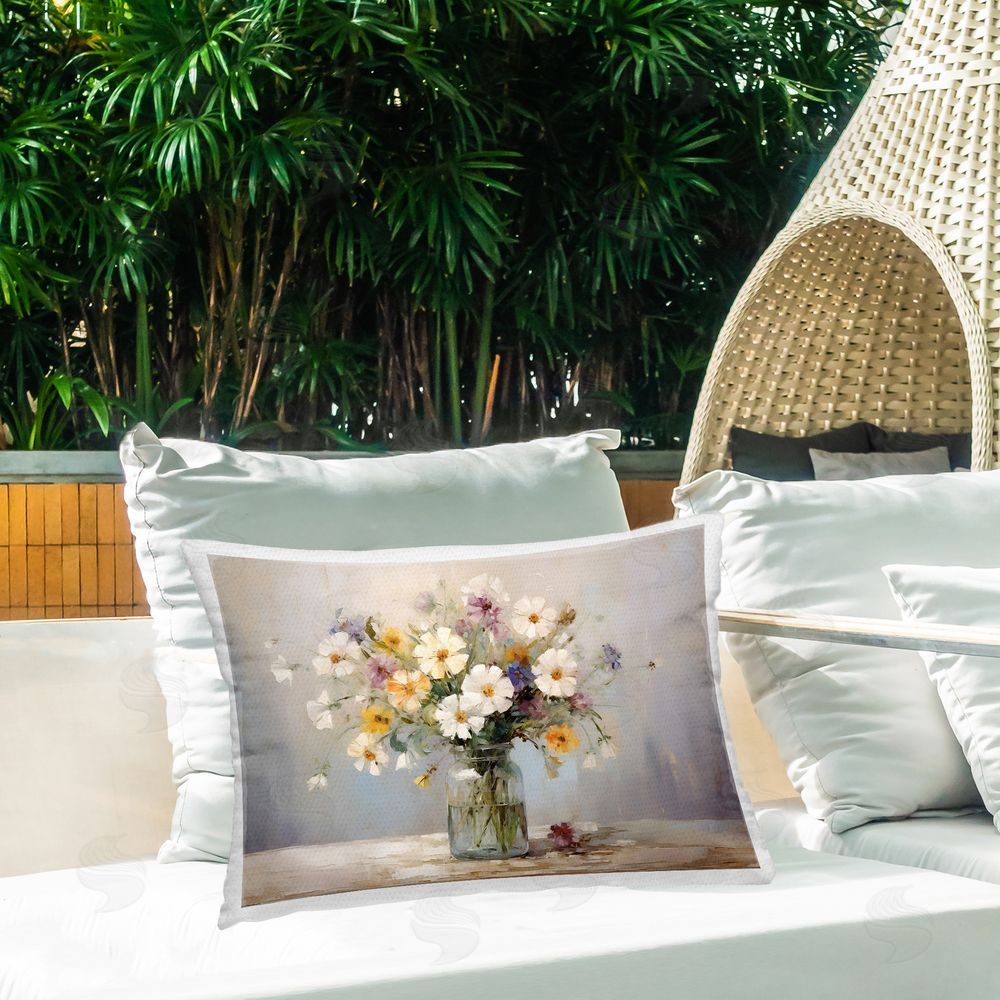 Franklyn Gregory Wildflowers in Glass Jar Outdoor Quick-Dry Polyester Printed Throw Pillow in Back Yard