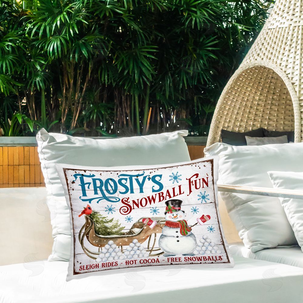Creatif Belle Frosty's Snowball Fun Outdoor Quick-Dry Polyester Printed Throw Pillow in Back Yard