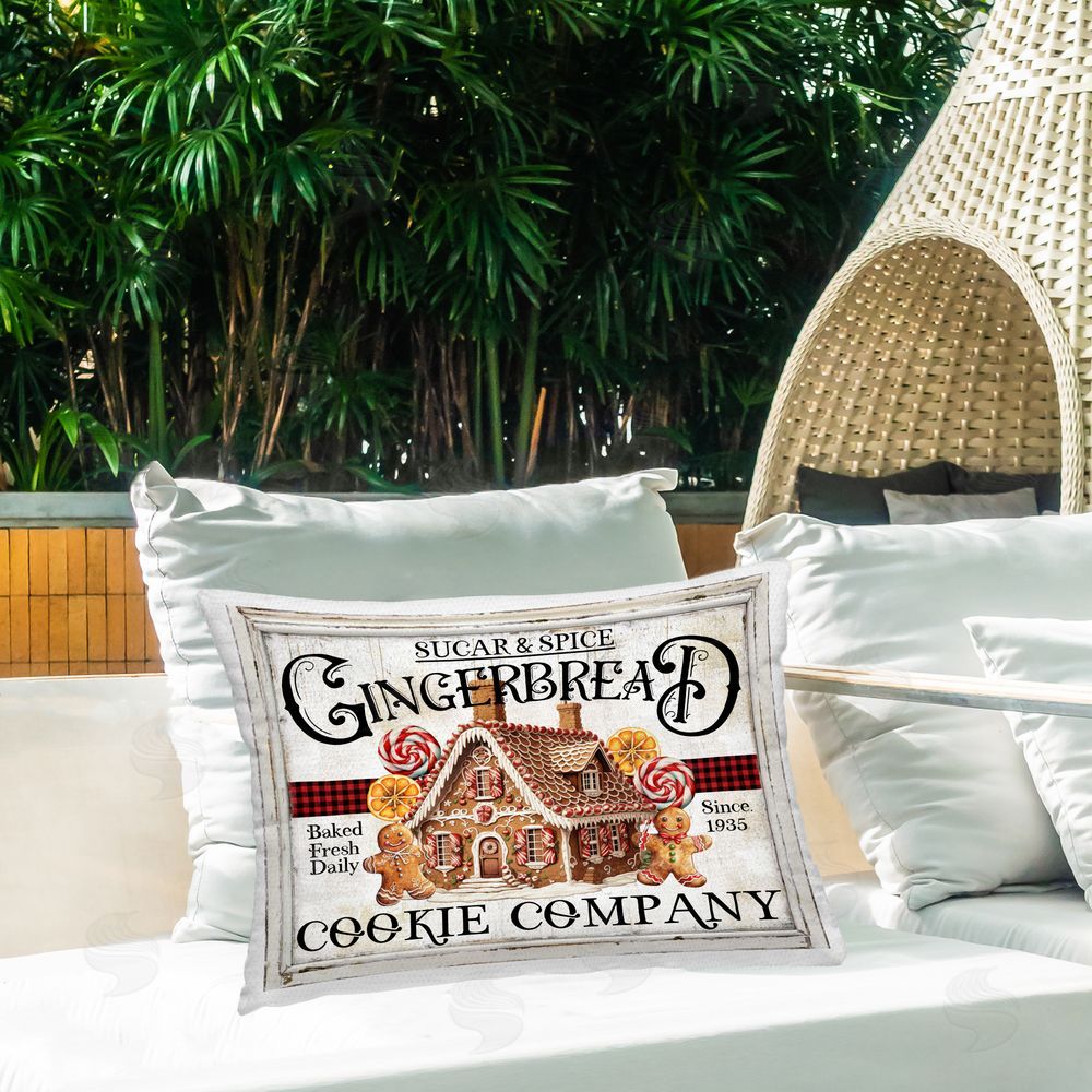 Creatif Belle Gingerbread Vintage Sign Outdoor Quick-Dry Polyester Printed Throw Pillow in Back Yard