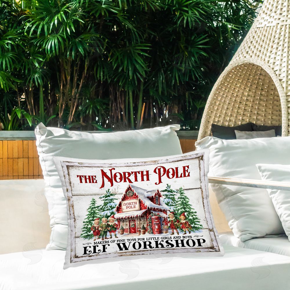 Creatif Belle North Pole Workshop Outdoor Quick-Dry Polyester Printed Throw Pillow in Back Yard