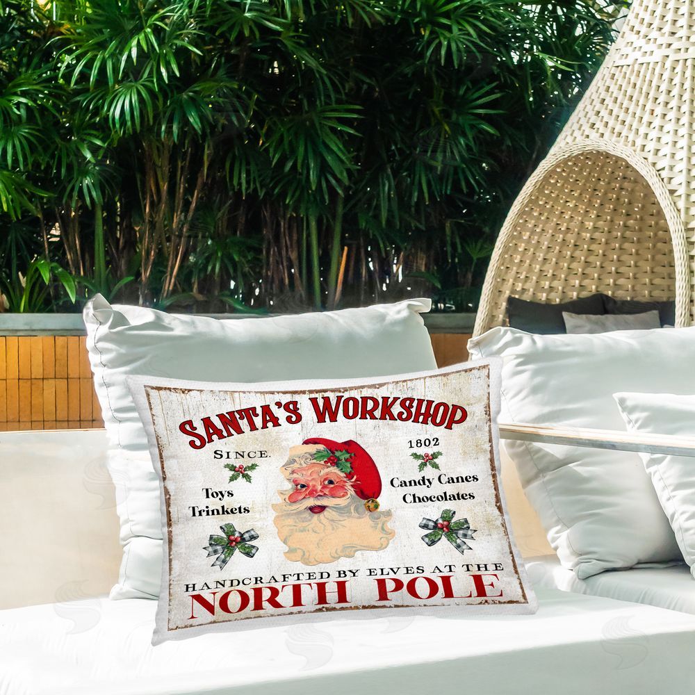 Creatif Belle North Pole Santa's Workshop Outdoor Quick-Dry Polyester Printed Throw Pillow in Back Yard