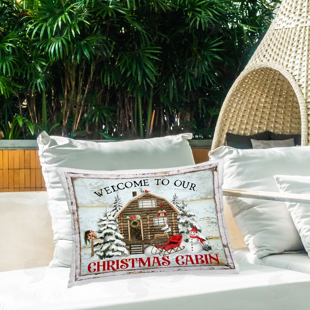 Creatif Belle Welcome Christmas Cabin Outdoor Quick-Dry Polyester Printed Throw Pillow in Back Yard