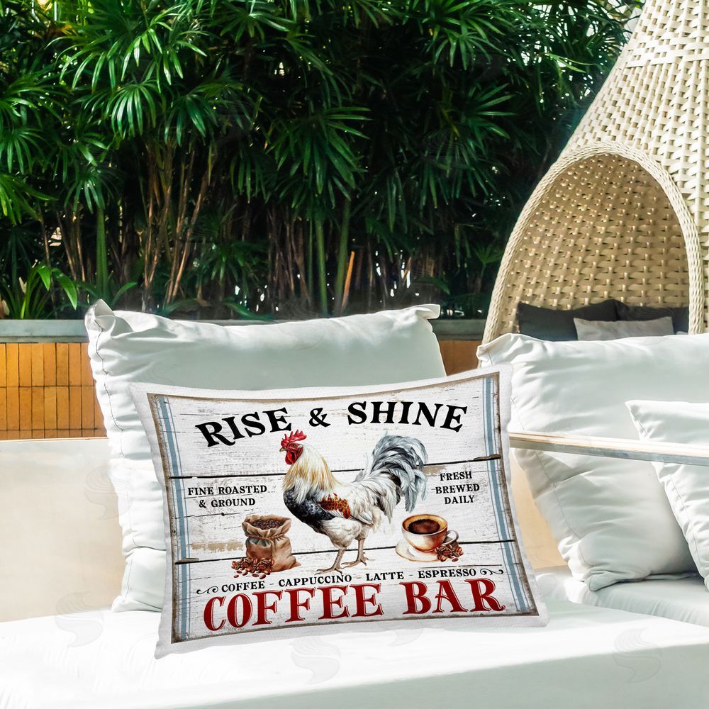 Creatif Belle Rise & Shine Coffee Bar Outdoor Quick-Dry Polyester Printed Throw Pillow in Back Yard