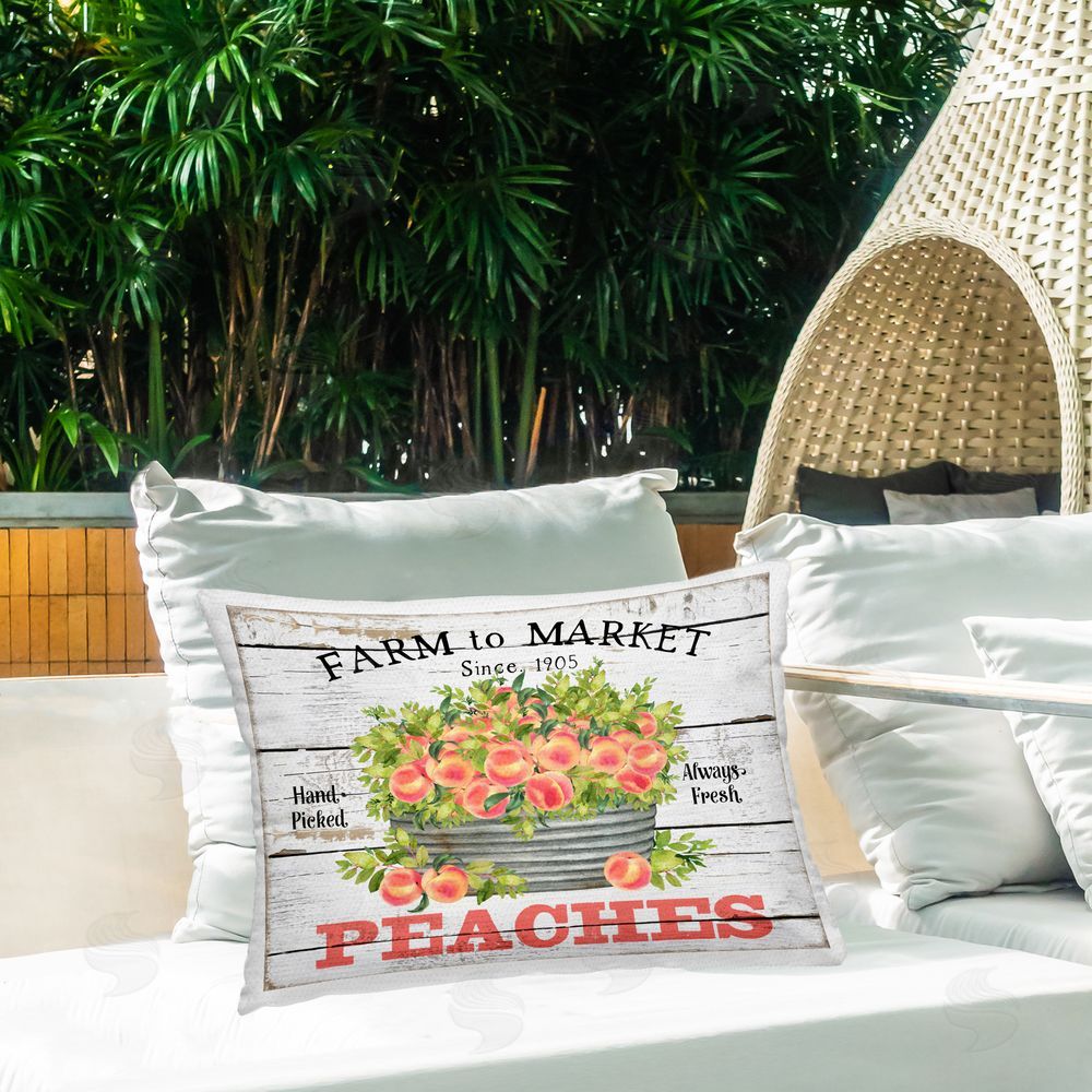Creatif Belle Farm To Market Peaches Outdoor Quick-Dry Polyester Printed Throw Pillow in Back Yard