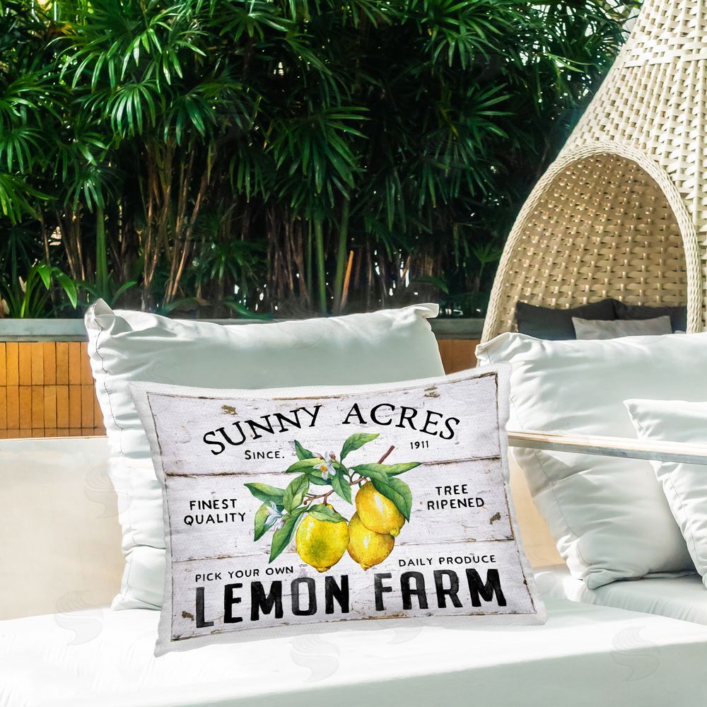 Creatif Belle Sunny Acres Lemon Farm Outdoor Quick-Dry Polyester Printed Throw Pillow in Back Yard
