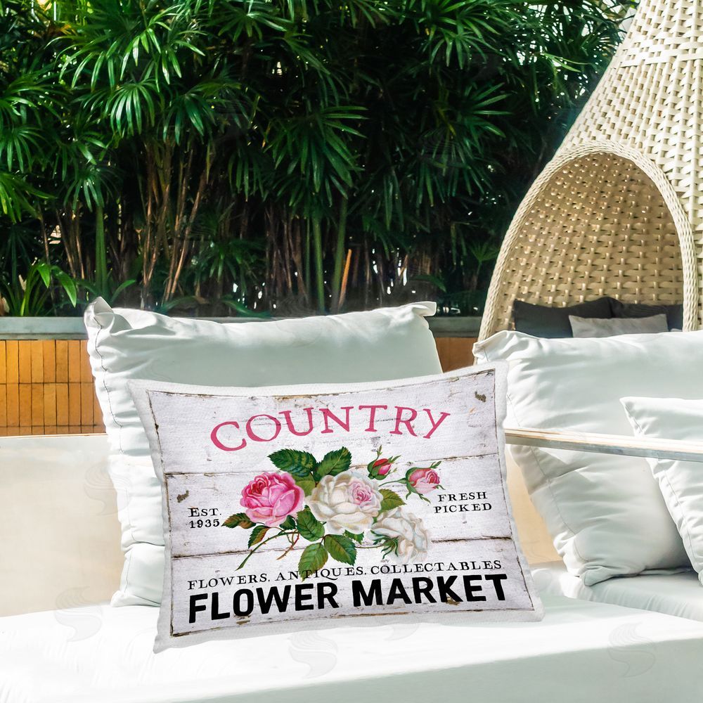 Creatif Belle Pink Country Flower Market Outdoor Quick-Dry Polyester Printed Throw Pillow in Back Yard