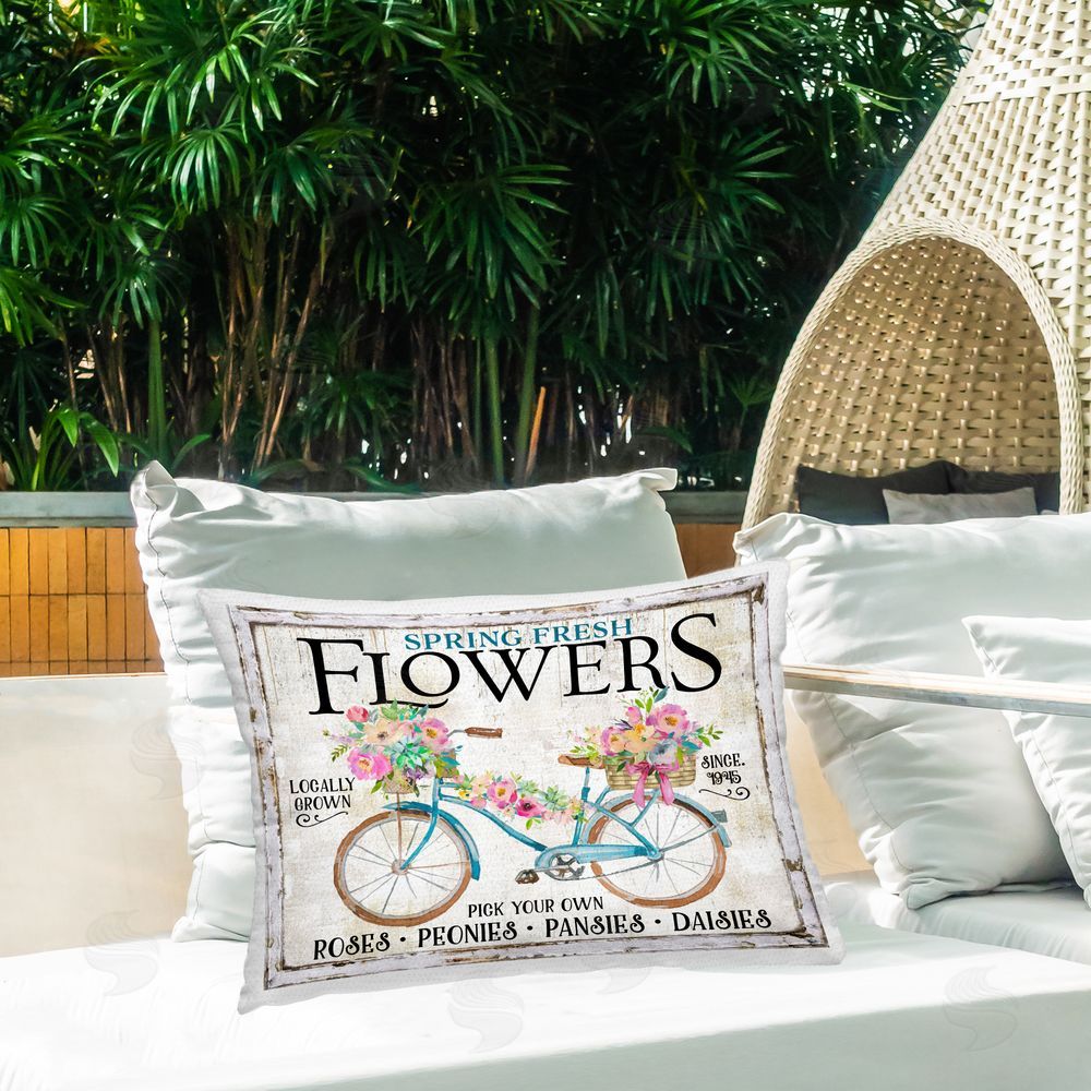 Creatif Belle Spring Fresh Flowers & Bike Outdoor Quick-Dry Polyester Printed Throw Pillow in Back Yard