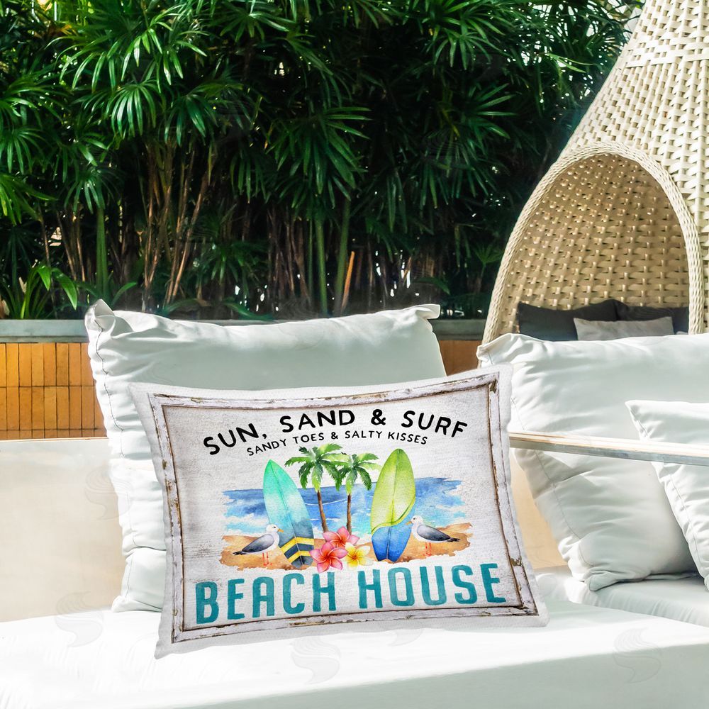 Creatif Belle Vintage Sun Sand & Surf Outdoor Quick-Dry Polyester Printed Throw Pillow in Back Yard