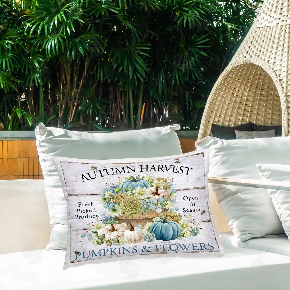 Creatif Belle Pumpkins & Flowers Harvest Outdoor Quick-Dry Polyester Printed Throw Pillow in Back Yard