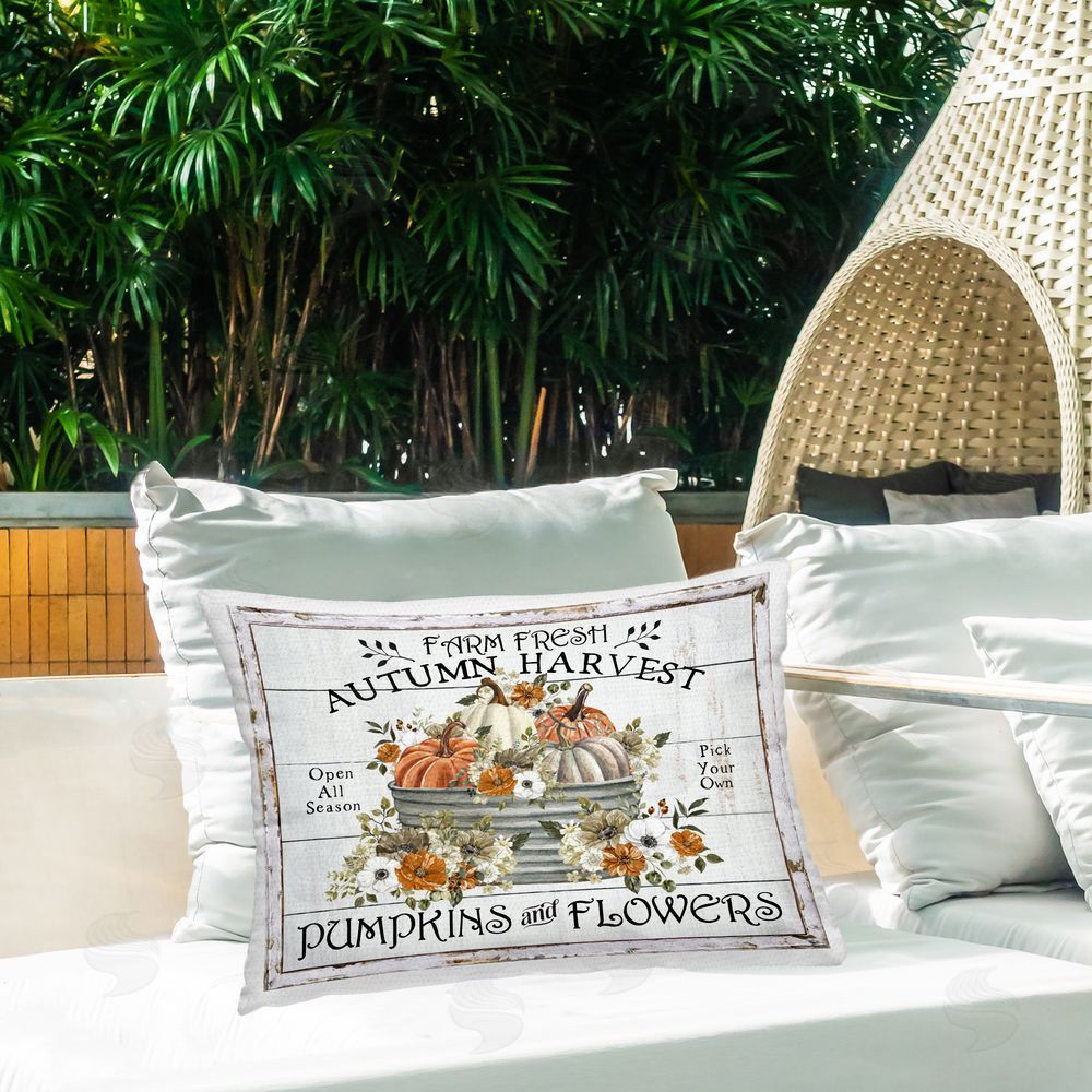 Creatif Belle Farm Fresh Harvest Pumpkin Outdoor Quick-Dry Polyester Printed Throw Pillow in Back Yard