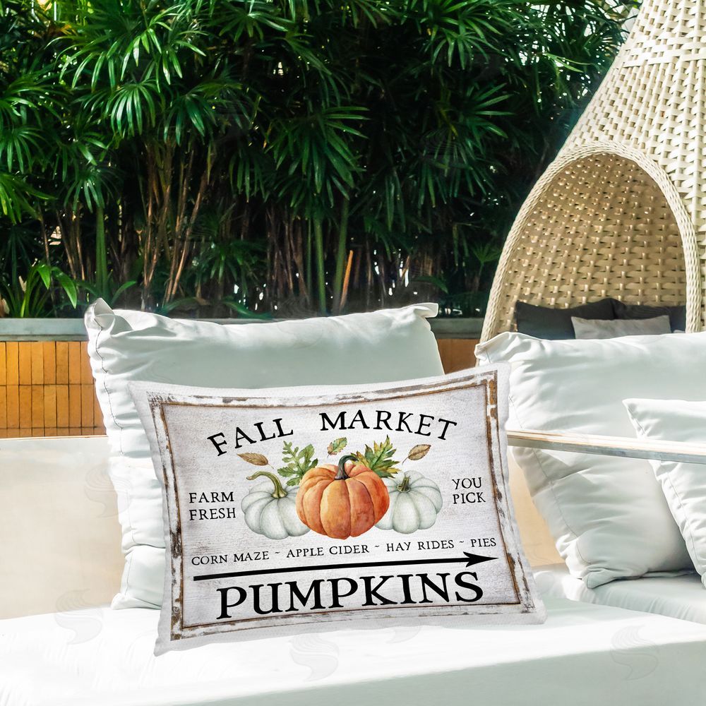 Creatif Belle Fall Market Pumpkins Outdoor Quick-Dry Polyester Printed Throw Pillow in Back Yard