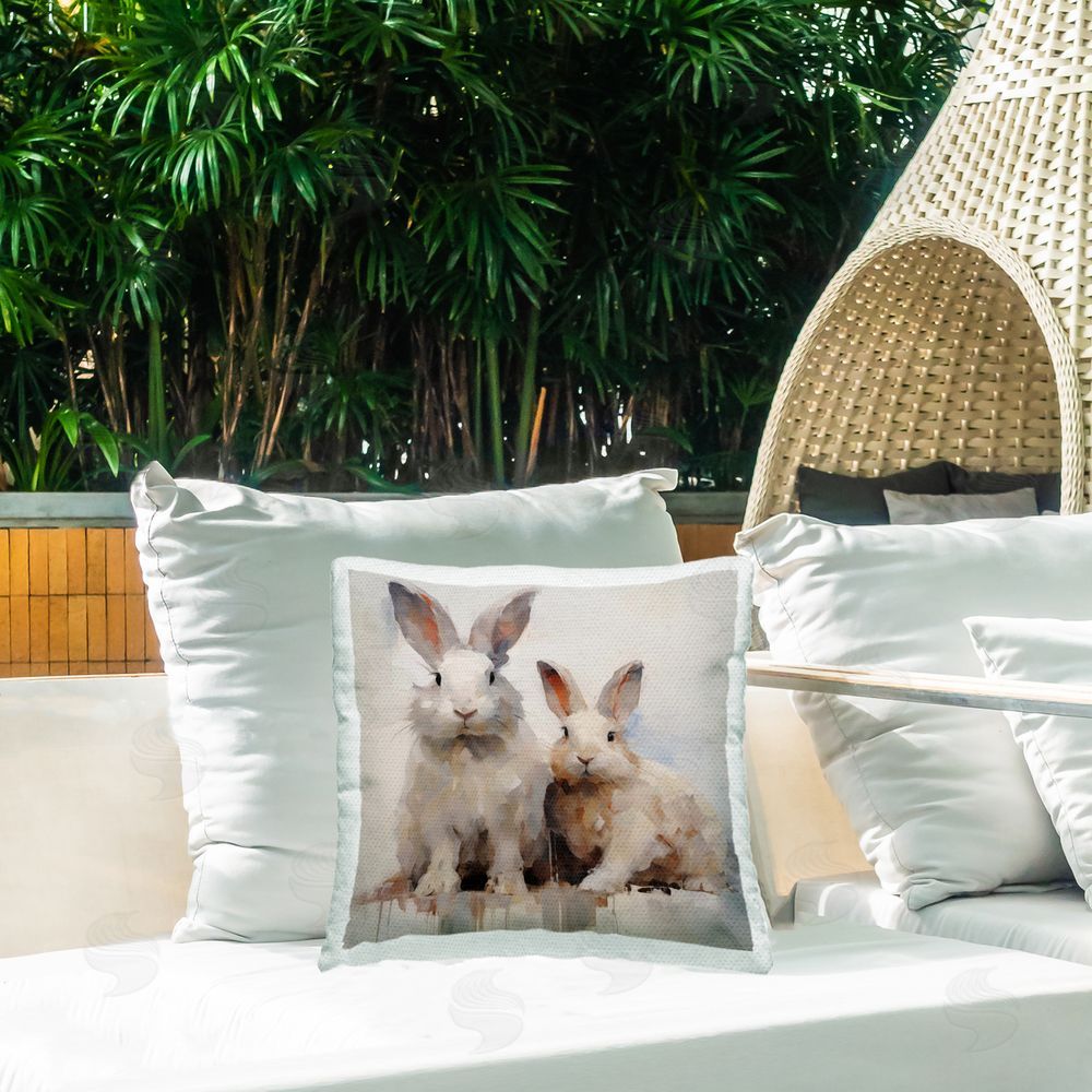 Arlington Prints Fluffy Spring Rabbits Outdoor Quick-Dry Polyester Printed Throw Pillow in Back Yard