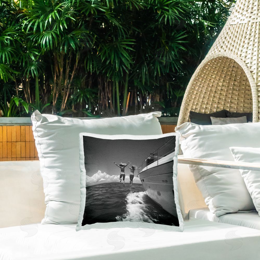LSR Design Studio Jumping Into Ocean Outdoor Quick-Dry Polyester Printed Throw Pillow in Back Yard