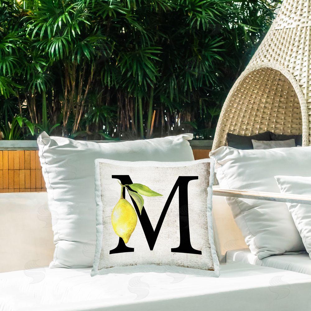Creatif Belle M with Lemon Letter Outdoor Quick-Dry Polyester Printed Throw Pillow in Back Yard