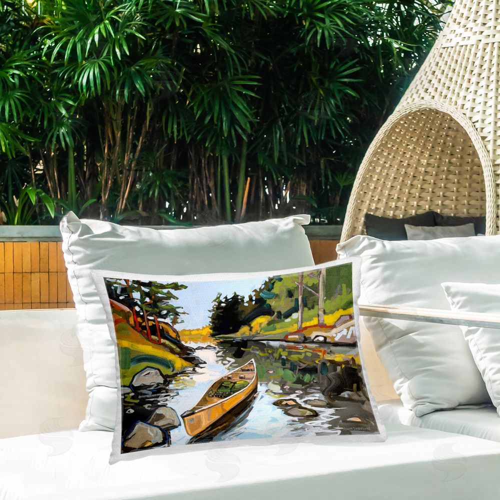 Adam Swanson Canoe Through River Outdoor Quick-Dry Polyester Printed Throw Pillow in Back Yard