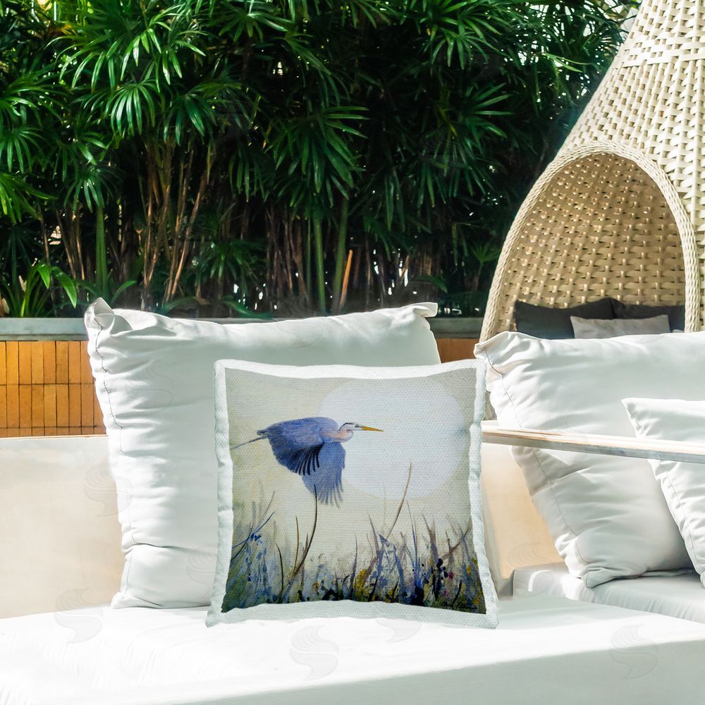 Floy Zittin Full Moon & Heron Outdoor Quick-Dry Polyester Printed Throw Pillow in Back Yard