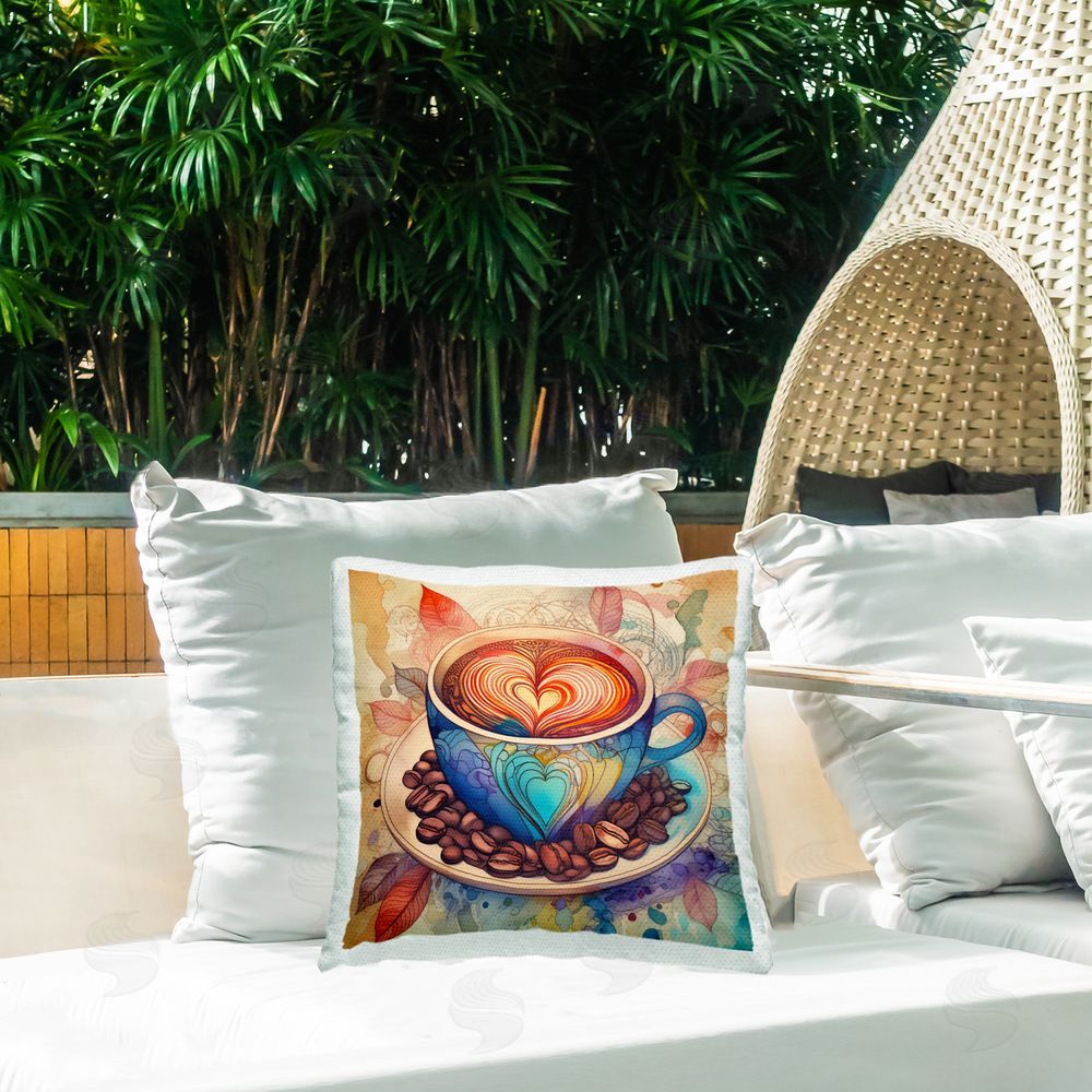 Alina Georgescu Coffee Beans & Latte Outdoor Quick-Dry Polyester Printed Throw Pillow in Back Yard