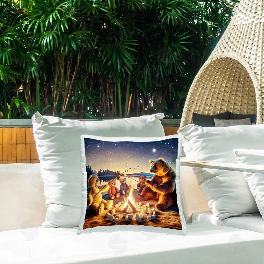 Alina Georgescu Fireside Friends Bear Outdoor Quick-Dry Polyester Printed Throw Pillow in Back Yard