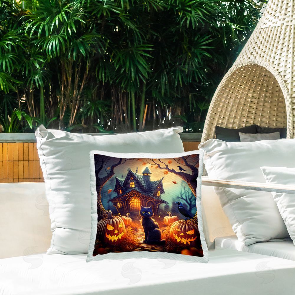 Alina Georgescu Haunted House & Black Cat Outdoor Quick-Dry Polyester Printed Throw Pillow in Back Yard