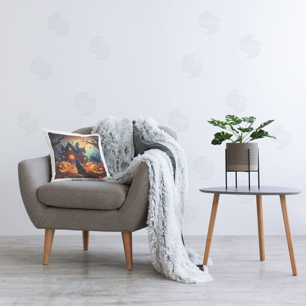 Alina Georgescu Haunted House & Black Cat Printed Plush Polyester Throw Pillow On Chair