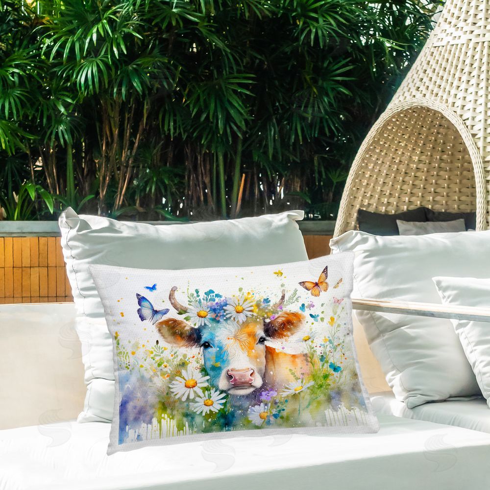 Alina Georgescu Modern Cottage Cow Outdoor Quick-Dry Polyester Printed Throw Pillow in Back Yard