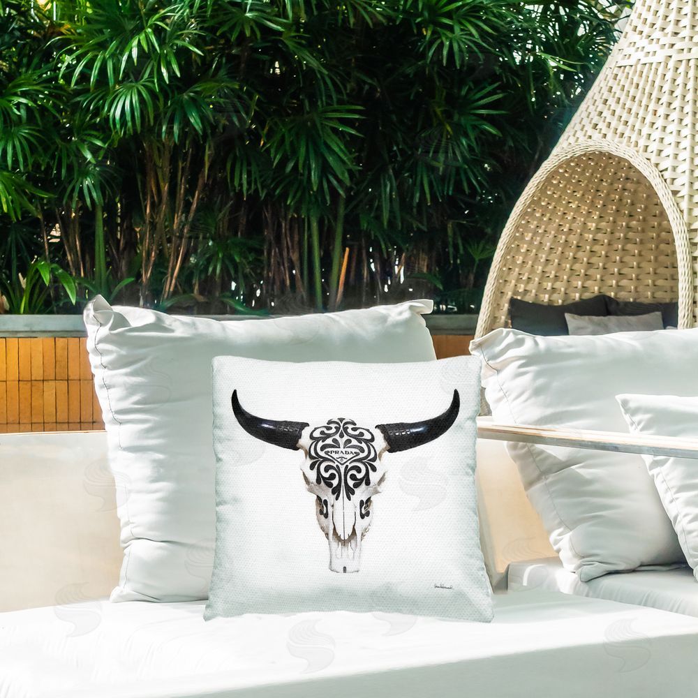Amanda Greenwood Fashion Brand Cow Skull Outdoor Quick-Dry Polyester Printed Throw Pillow in Back Yard