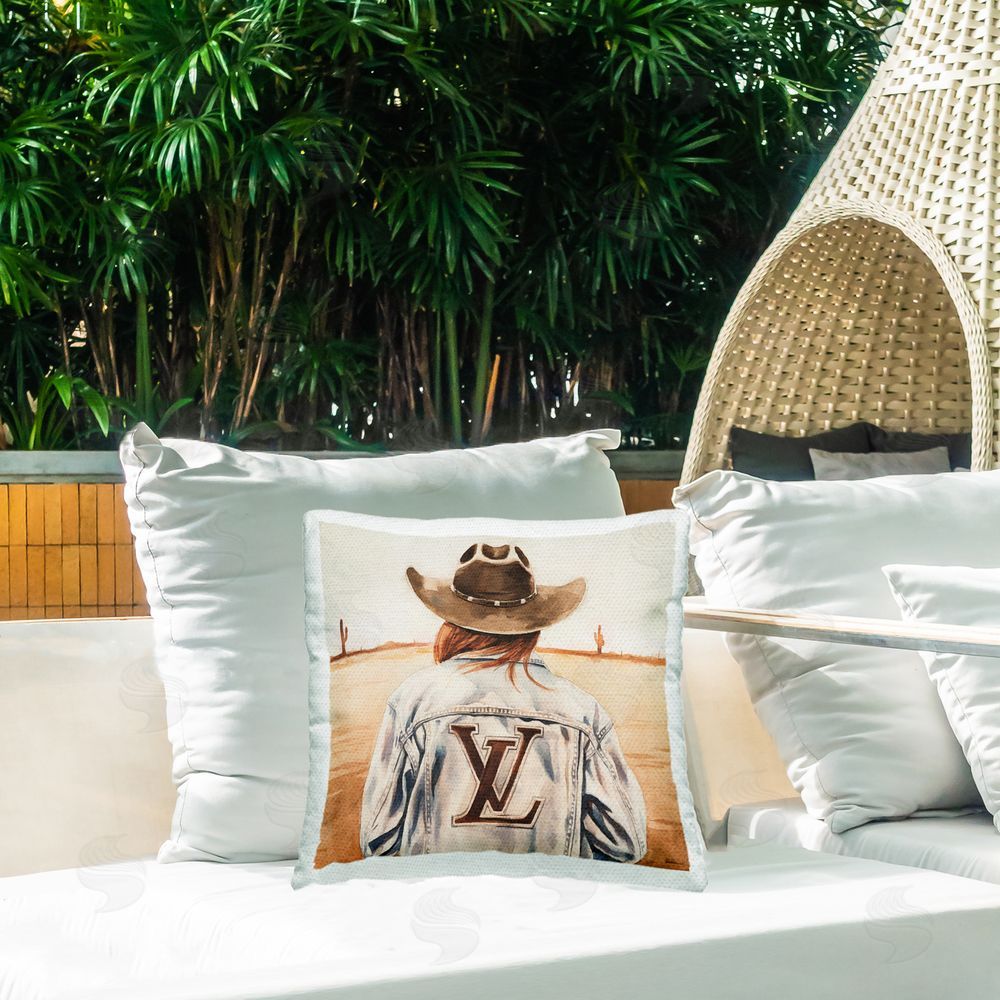 Amanda Greenwood Desert Cowgirl Fashion Brand Outdoor Quick-Dry Polyester Printed Throw Pillow in Back Yard
