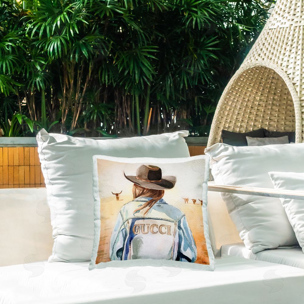 Amanda Greenwood Fashionable Desert Cowgirl Outdoor Quick-Dry Polyester Printed Throw Pillow in Back Yard