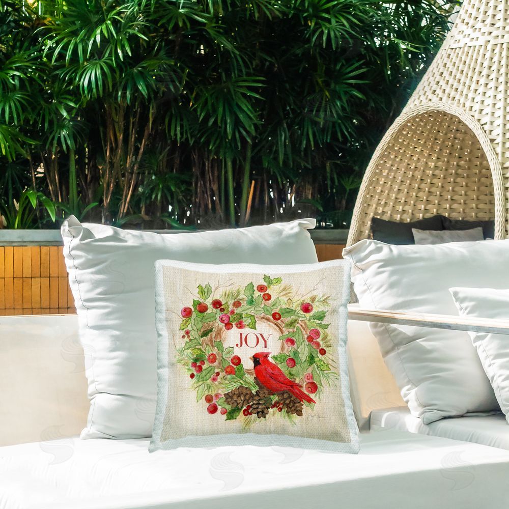Janet Tava Joy Rustic Winter Wreath Outdoor Quick-Dry Polyester Printed Throw Pillow in Back Yard