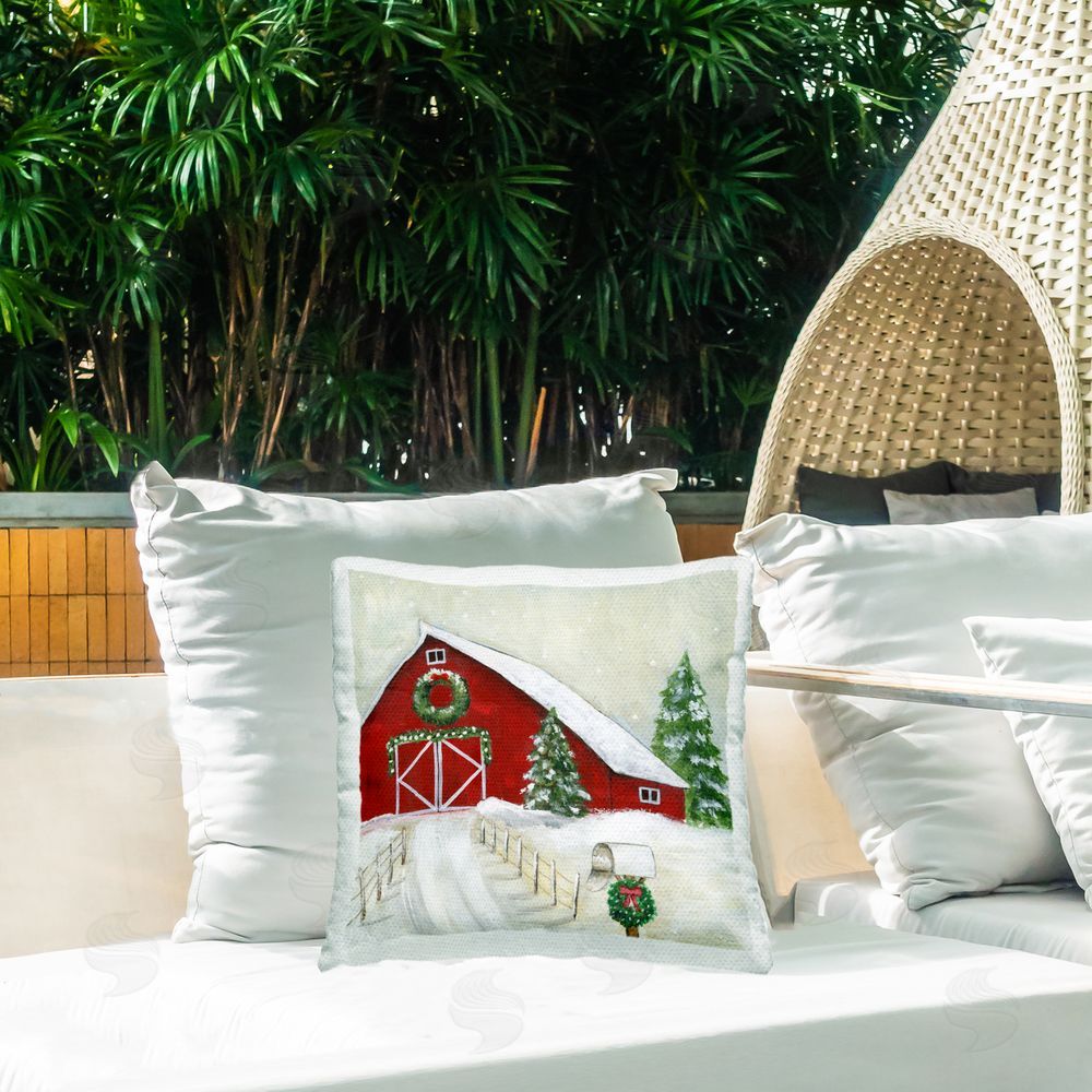 Janet Tava Winter Barn Scenery Outdoor Quick-Dry Polyester Printed Throw Pillow in Back Yard