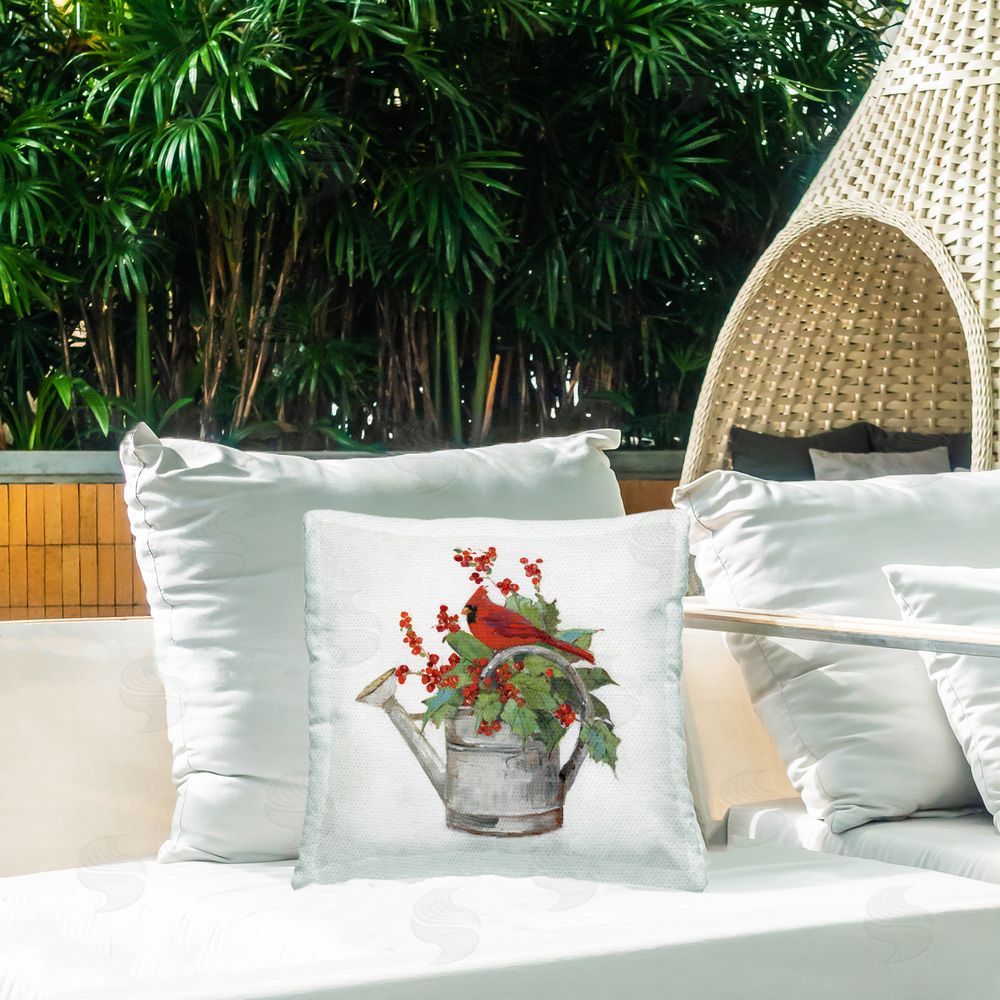 Sally Swatland Cardinal & Watering Can Outdoor Quick-Dry Polyester Printed Throw Pillow in Back Yard