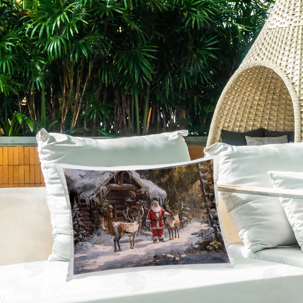 Imagine It Images Traditional Santa by Cabin Outdoor Quick-Dry Polyester Printed Throw Pillow in Back Yard