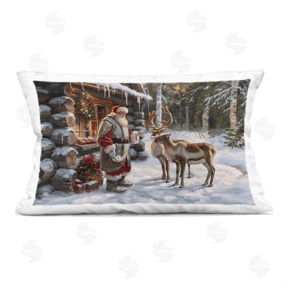 Imagine It Images Santa's Cabin with Reindeer Printed Plush Polyester Throw Pillow
