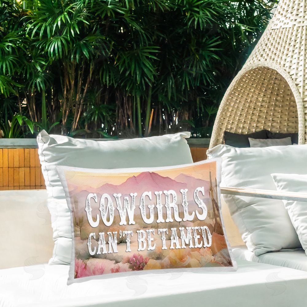 Lettered and Lined Cowgirls Can't Be Tamed Outdoor Quick-Dry Polyester Printed Throw Pillow in Back Yard