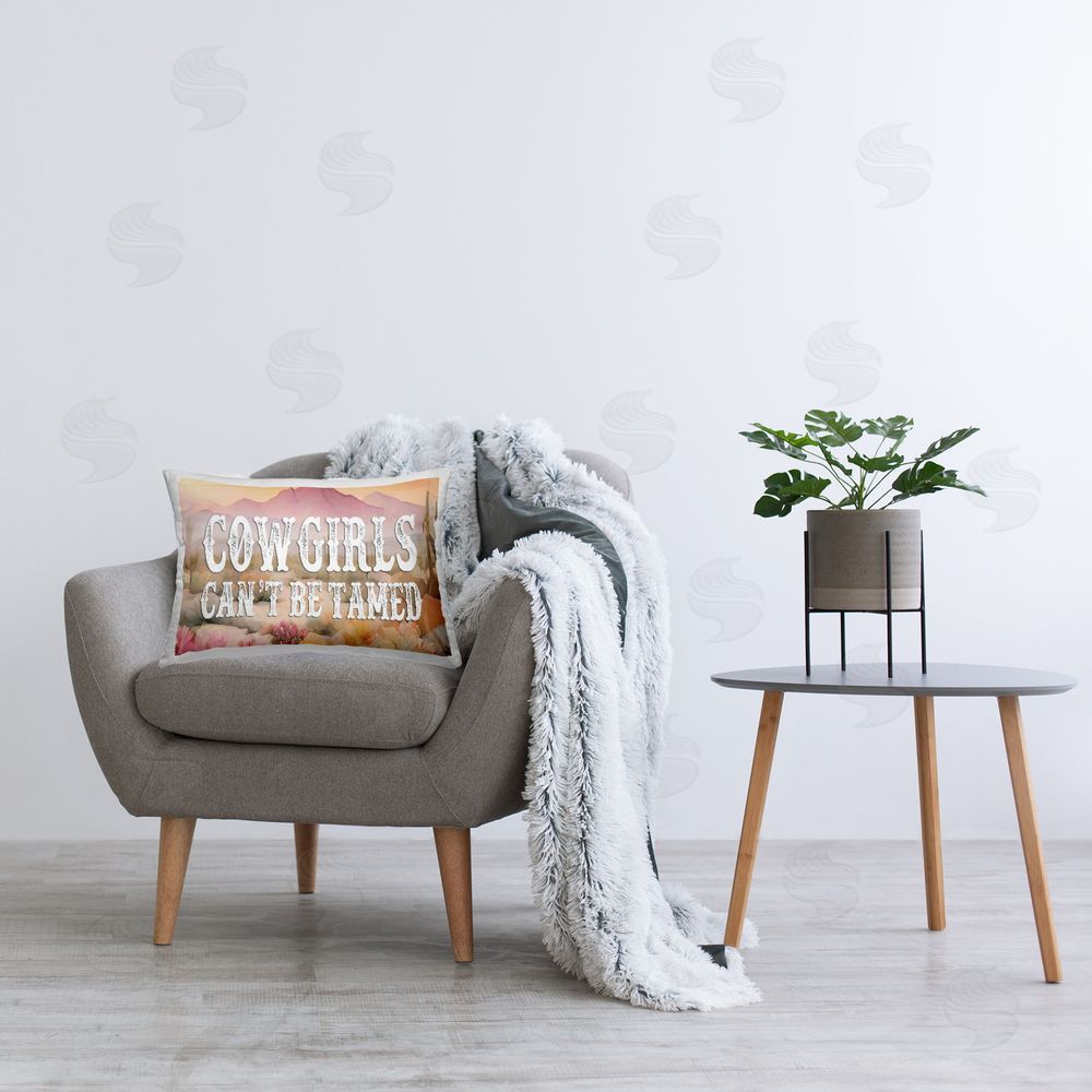 Lettered and Lined Cowgirls Can't Be Tamed Printed Plush Polyester Throw Pillow On Chair