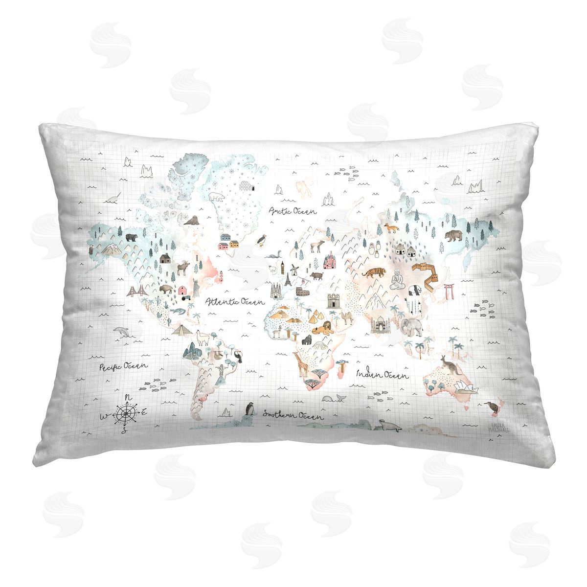 Laura Marshall Whimsical World Traveler Map Printed Plush Polyester Throw Pillow
