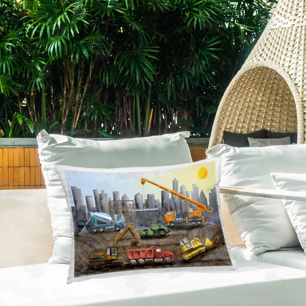 Brett Blumenthal Construction Trucks Skyline Outdoor Quick-Dry Polyester Printed Throw Pillow in Back Yard