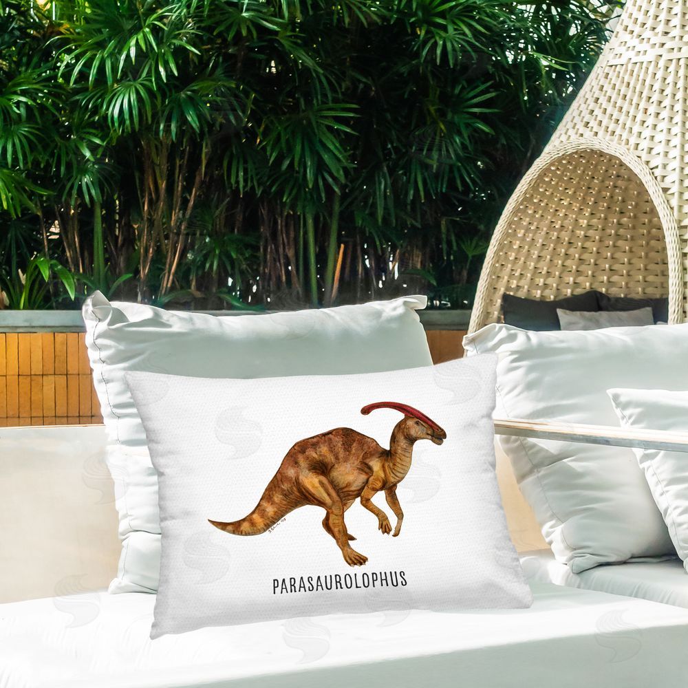 Brett Blumenthal Parasaurolophus Dinosaur Learning Outdoor Quick-Dry Polyester Printed Throw Pillow in Back Yard